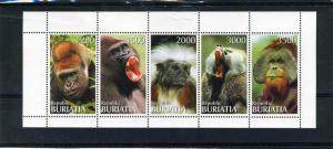 Buriatia 1997 GORILLAS MONKEYS Strip (5) values Perforated Mint (NH)