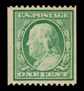 GENUINE SCOTT #385 VF-XF MINT PRISTINE OG NH 1910 1¢ GREEN COIL SINGLE