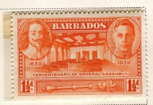 BARBADOS; 1939 early GVI Tercentenary issue Mint hinged 1.5d. value