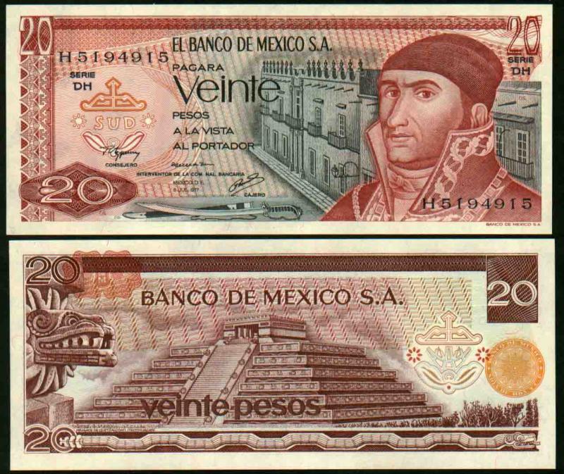 MEXICO BANKNOTE $20 Pesos 1977 Serie DH, Crisp, uncirculated.