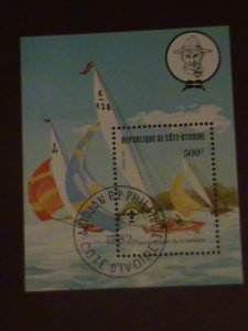 ​IVORY COAST STAMP-1982 - 75TH ANNIV: OF SCOUTS WITH LOCO CTO NH S/S SHEET.