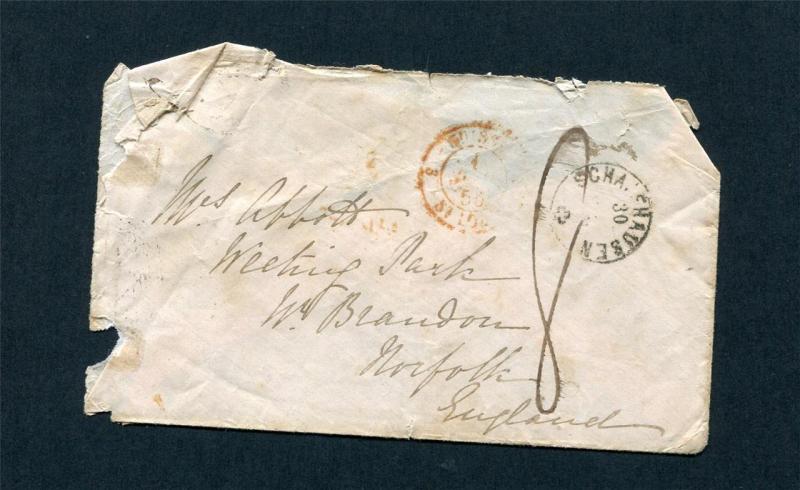 1855 STAMPLESS PART COVER FRANCE TO NORFOLK