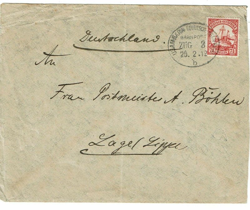 German East Africa 1912 Usumbura/Bahnpost/Zug 3 (train) cancel on cover Germany