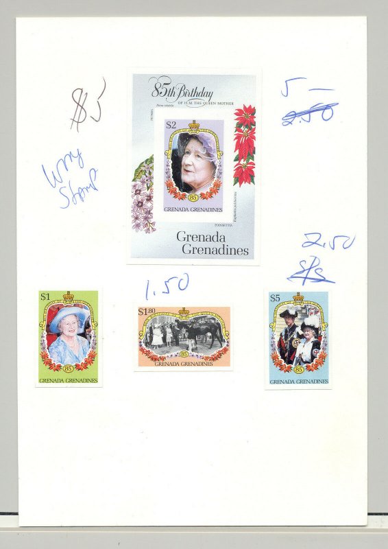 Grenada Grenadines #682-685 Queen Mother 3v & 1v S/S Imperf Proofs on 1v Card