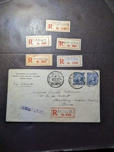 1927 Registered China Cover Peking to Strasbourg France and 5 Registered Labels