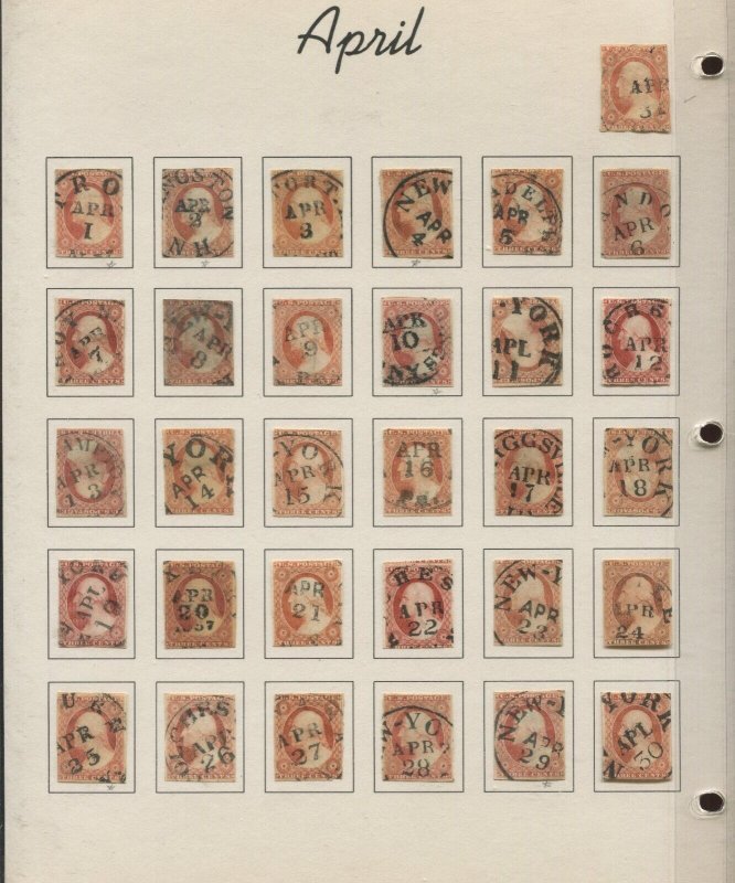 1851 3¢ Complete Calendar Collection 11 & 11A of 366+ Stamps with BLACK CANCELS