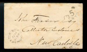 ?P. O. CARAQUET, N.B. double split ring, 5c due, 1872 stampless cover Canada