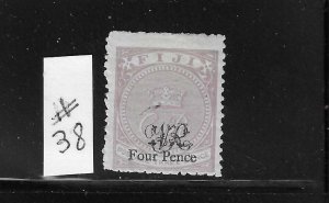 FIJI SCOTT #38 1877 SURCHARGE 4P ON 3P (LILAC) - MINT LIGHT  HINGED