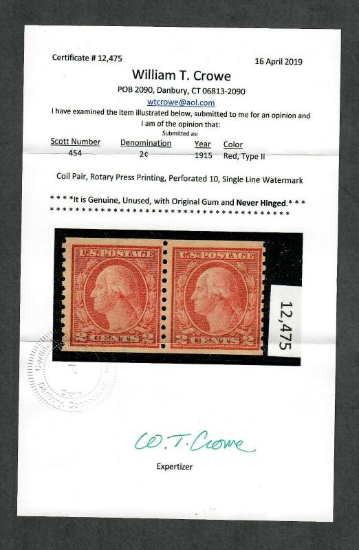 US Sc#454 M/NH/F-VF, Coil Pair-Crowe Cert, Cv. $360