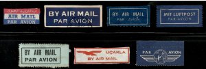 7 Different Worldwide Air Mail Labels , Etiquettes , F-VF used - I Combine S/H