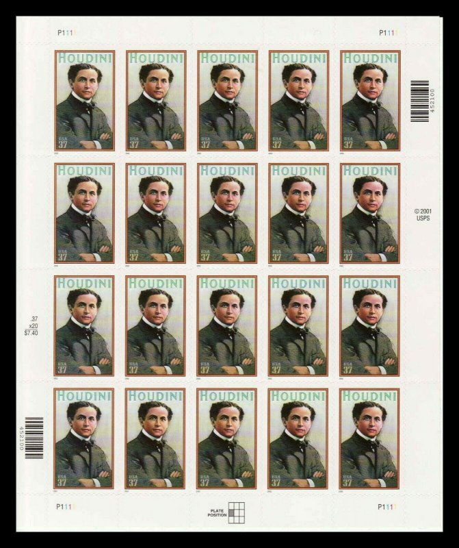 Houdini 37 cent Stamp Sheet of 20  MNH 3651