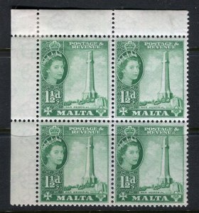 MALTA; 1950s early QEII pictorial issue fine Mint hinged CORNER 1.5d. Block