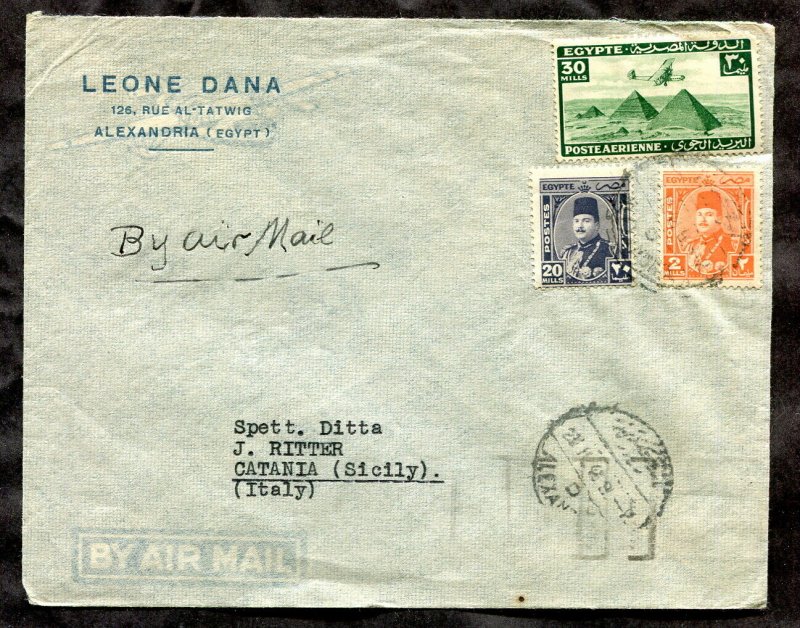 p683 - EGYPT Alexandria 1946 Airmail Cover to ITALY. Lottery Slogan Receiver