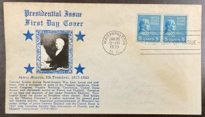 845 Crosby cachet James Monroe Coils Presidential Series FDC 1939