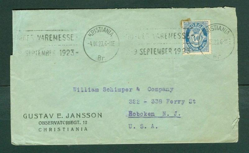 Norway. Cover Cachet Department Store.1923. 40 Ore Posthorn. Adr: USA