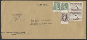 1958 Registered RCMP OHMS Cover London Ont to USA 'G' Overprint Stamps