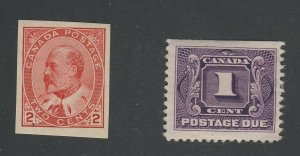 2x Canada Stamp #90a - 2c Edward VII Imp. VF J1 -1c MNG F/VF Guide Value=$50.00