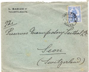 MALTA COVER postmarked Valetta, 16 Nov, 1922 - The 3d rate to Switzerland