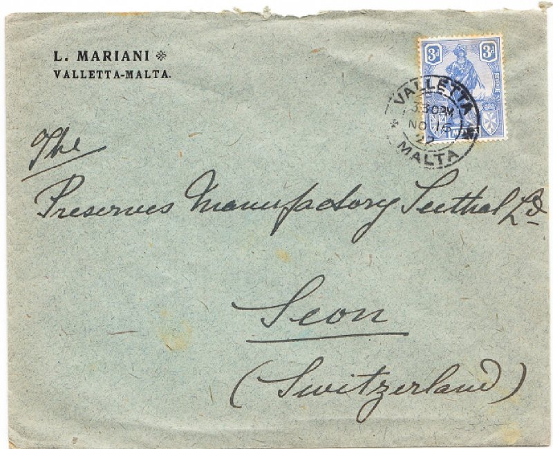 MALTA COVER postmarked Valetta, 16 Nov, 1922 - The 3d rate to Switzerland