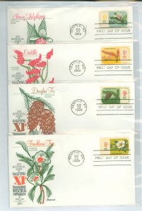 US 1376-1379 1969 6 cent botanical gardens set of 4 (plants and flowers) on 4 unaddressed first day covers with fleet wood cache