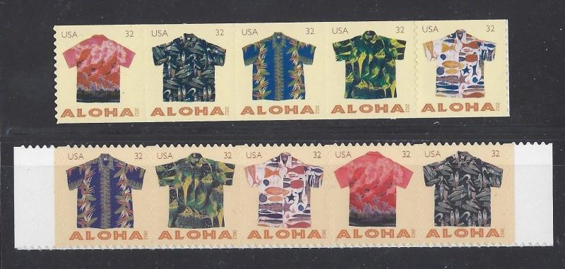 US Scott # 4592 - 4596 & 4597 - 4601 / 2012 Aloha Shirts 10 SA Regular Issue,