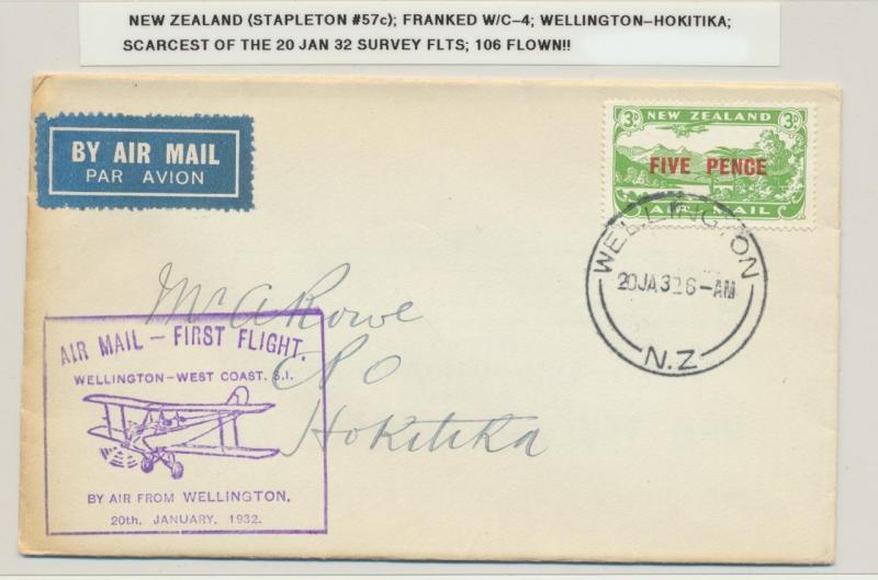 NEW ZEALAND 1932 WELLINGTON- HOKITIKA STAP#57c, RAREST OF SURVEY FLIGHTS