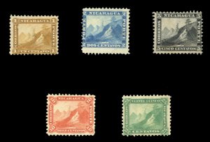 Nicaragua #3-7 Cat$117.50, 1869-71 1c-25c, set of five, unused without gum