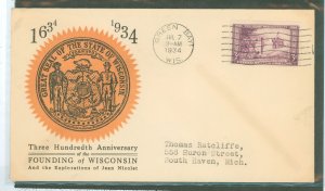 US 739 1934 3c Wisconsin/300th anniversary of its founding single/on an addressed (typed) first day cover with a Linprint cachet
