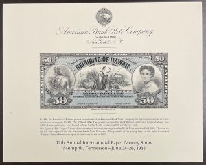 ABNC SO60 1988 Souvenir Card $50 Silver Certificate Republic of Hawaii