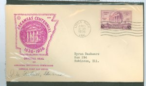 US 782 1936 3c Arkansas Statehood Centennial Single On An Addressed, Typed, FDC With A Centennial Commission Cachet + The State