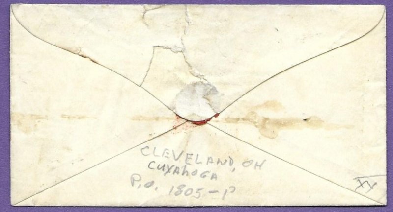 CLEVELAND O, c1851 - STAMPLESS COVER TO CHILICATHE,  NO CONTENT. LADIES SIZE, VF