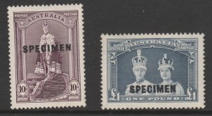 AUSTRALIA 1937 ROBES 1s and £1 overprinted SPECIMEN