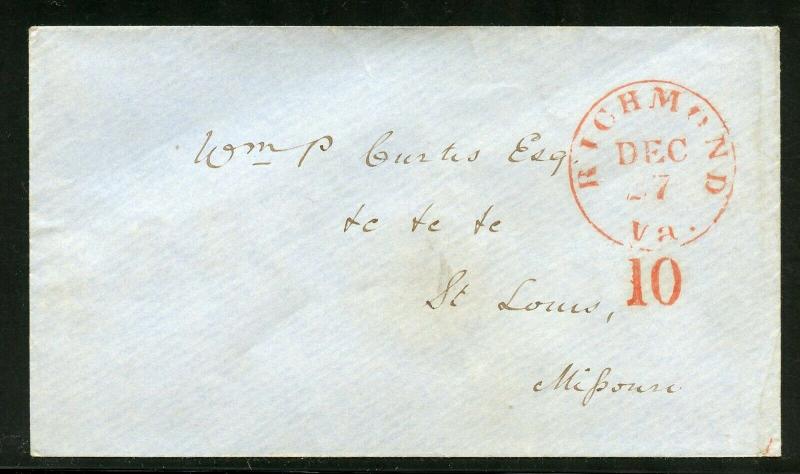 UNITED STATES RICHMOND VA   RED 10 CANEL STAMPLESS  COVER TO ST. LOUIS MISSOURI