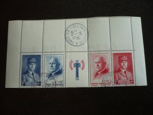 Stamps - France - Scott# B152a - Used Strip of 4 Stamps & 1 Label