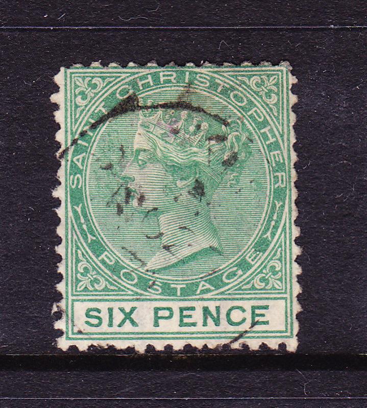 ST CHRISTOPHER 1870-82  6d YELLOW GREEN  QV FU P12 1/2   SG 4    