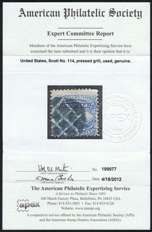 GENUINE SCOTT #114 USED APPEARS AS #114a WITHOUT G-GRILL -APS CERT VSC 6000 SCAN