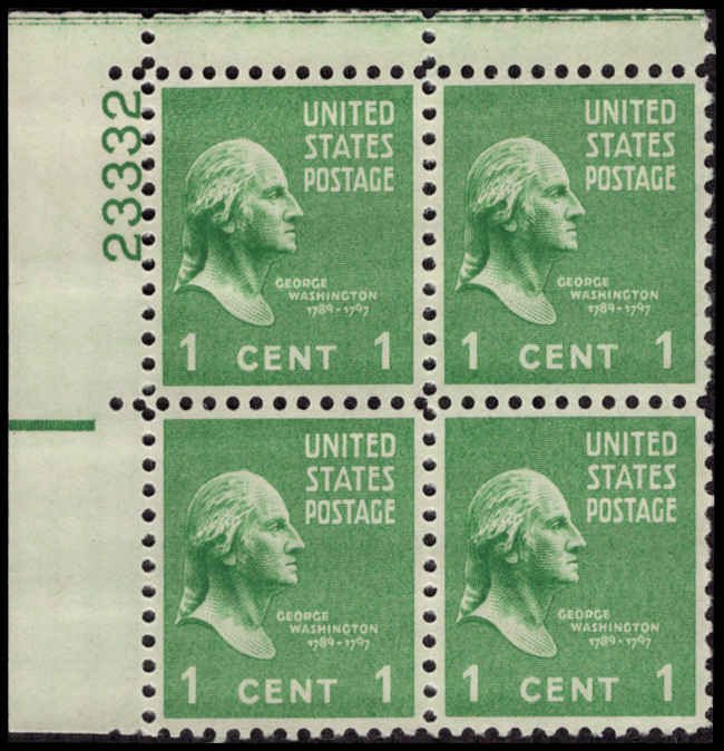 US #804 WASHINGTON MNH UL PLATE BLOCK #23332