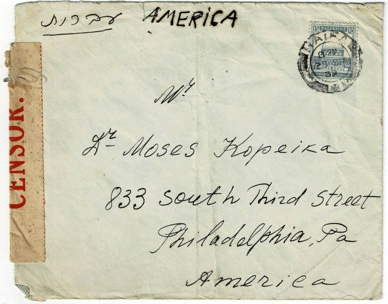 Palestine 1939 25 SP Haifa cancel on cover to the U.S., censored