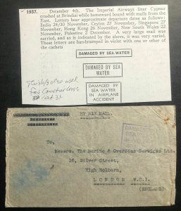 1937 Karachi India Cygnus Crash Cover to London England Salvaged Mail Damaged