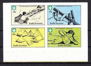 Staffa, Scotland Local, 1982 issue. 75th Scouting Anniv.  IMPERF sheet of 4. ^