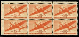 Doyle's_Stamps: Choice Airmail Block of Six 50c Twin-Motored Transport Plane MO7