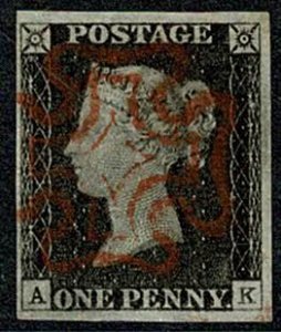 GB 1d Black AK Plate 2. Four good to large margins cancelled by red Maltese...