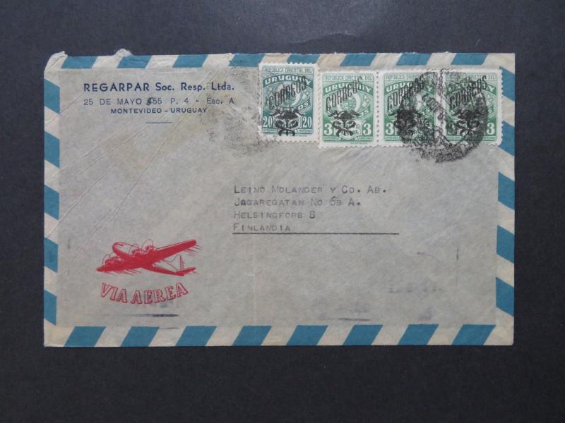 Uruguay 1940s Airmail Cover to Finland / Light Fold - Z8115