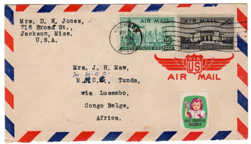 Pan Am Union Bldg 10c, Statue of Liberty 15c airmail used to Belgian Congo, 1948