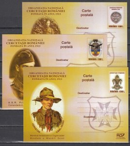 Romania, 2003 issue. Scouting on 3 Cacheted Postal Cards.