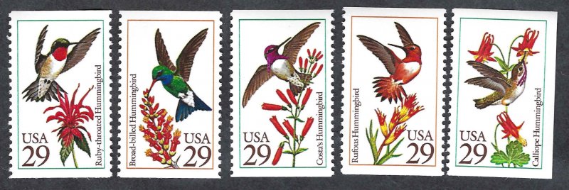 United States #2642-46 29¢ Hummingbirds (1992). Five singles from booklet. MNH
