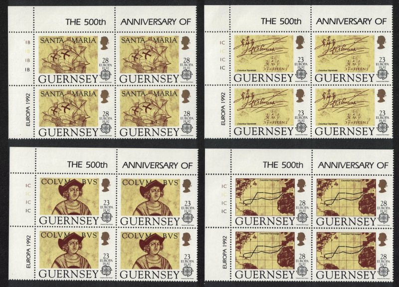 Guernsey Discovery of America by Columbus 4v Corner Blocks of 4 1992 MNH