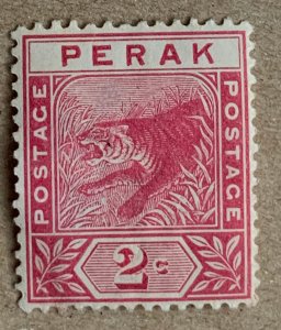 Perak 1892 2c rose Leaping Tiger, unused. Scott 43, CV $1.80. SG 62