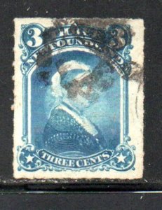Newfoundland Sc  39 1877 3 c blue Victoria stamp rouletted used