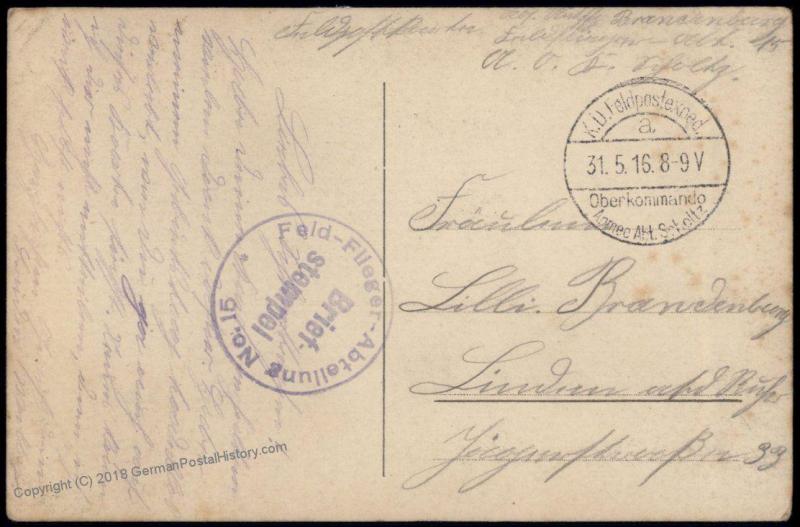 Germany WWI Air Force Feld Flieger Abteilung FFA 15 Feldpost Armee Scholz 81288